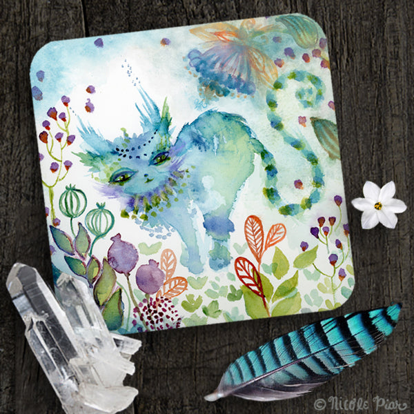 An aqua, watercolor kitten on one of the Spirt Cats Oracle cards