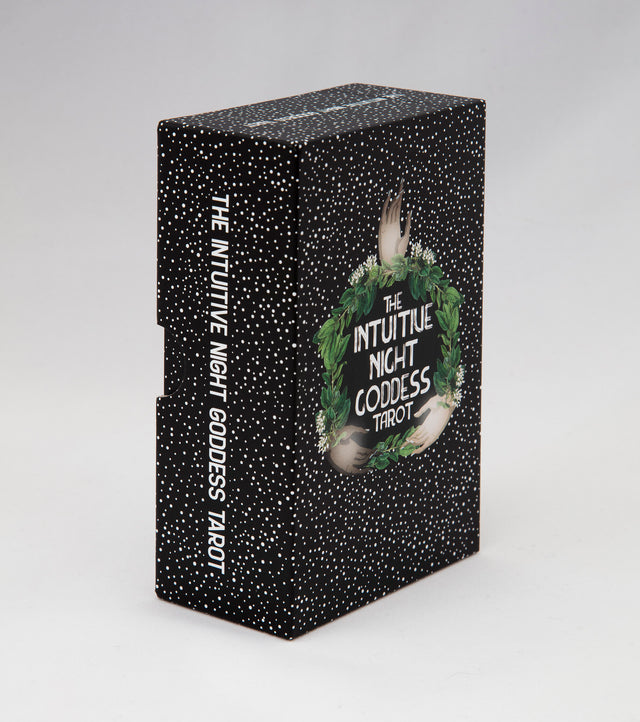 A side angle view of The Intuitive Night Goddess Tarot deck box.