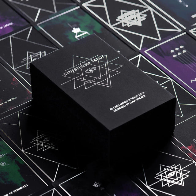 The Synesthesia Tarot Deck on top of a grid of tarot cards