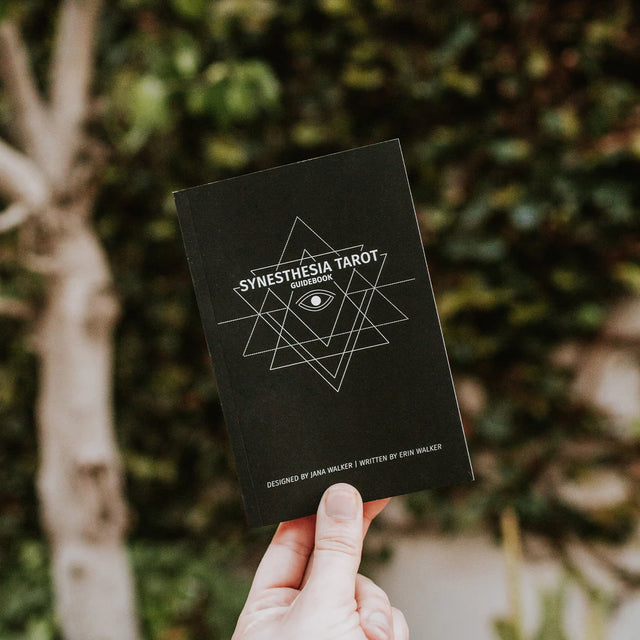 Synesthesia Tarot guidebook being held up by someone's hand